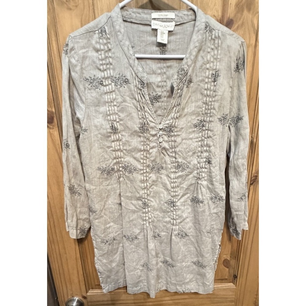 Cynthia Rowley 100% Linen Embroidered Tunic Top Women's Medium Gray Boho Peasant